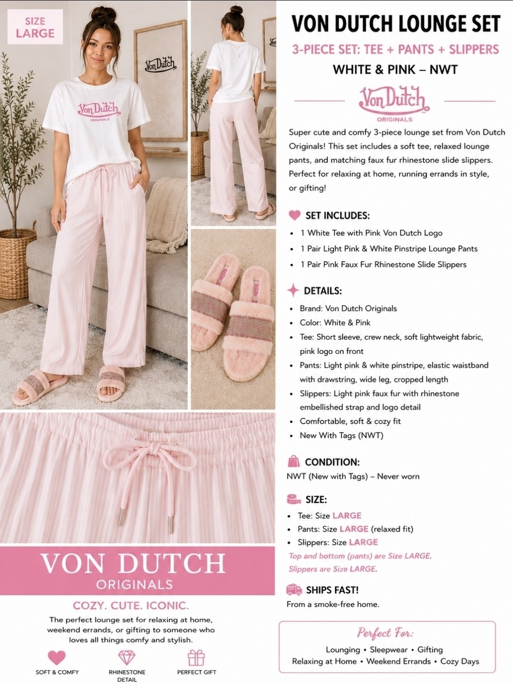 Von Dutch White Tee & Light Pink Pinstripe Lounge Set